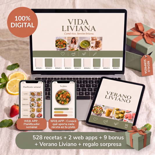 🌿 Vida Liviana: 528 recetas sin gluten ni azúcar refinada + 2 web apps + 9 bonus de regalo🎁 Regalo sorpresa